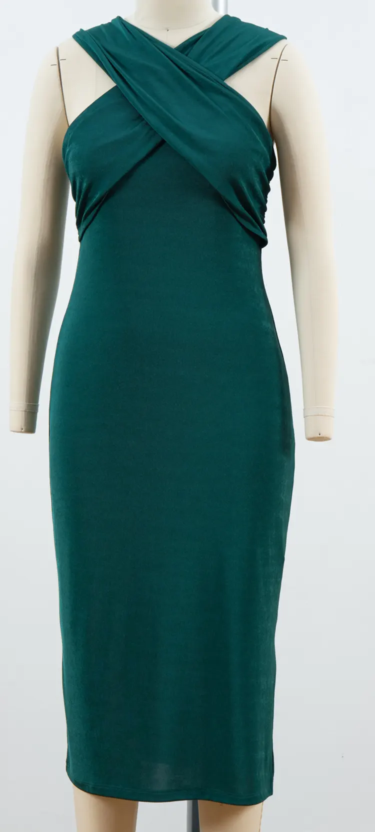 Cross-Neck Bodycon Midi Dress with Draped Front and Side Slit